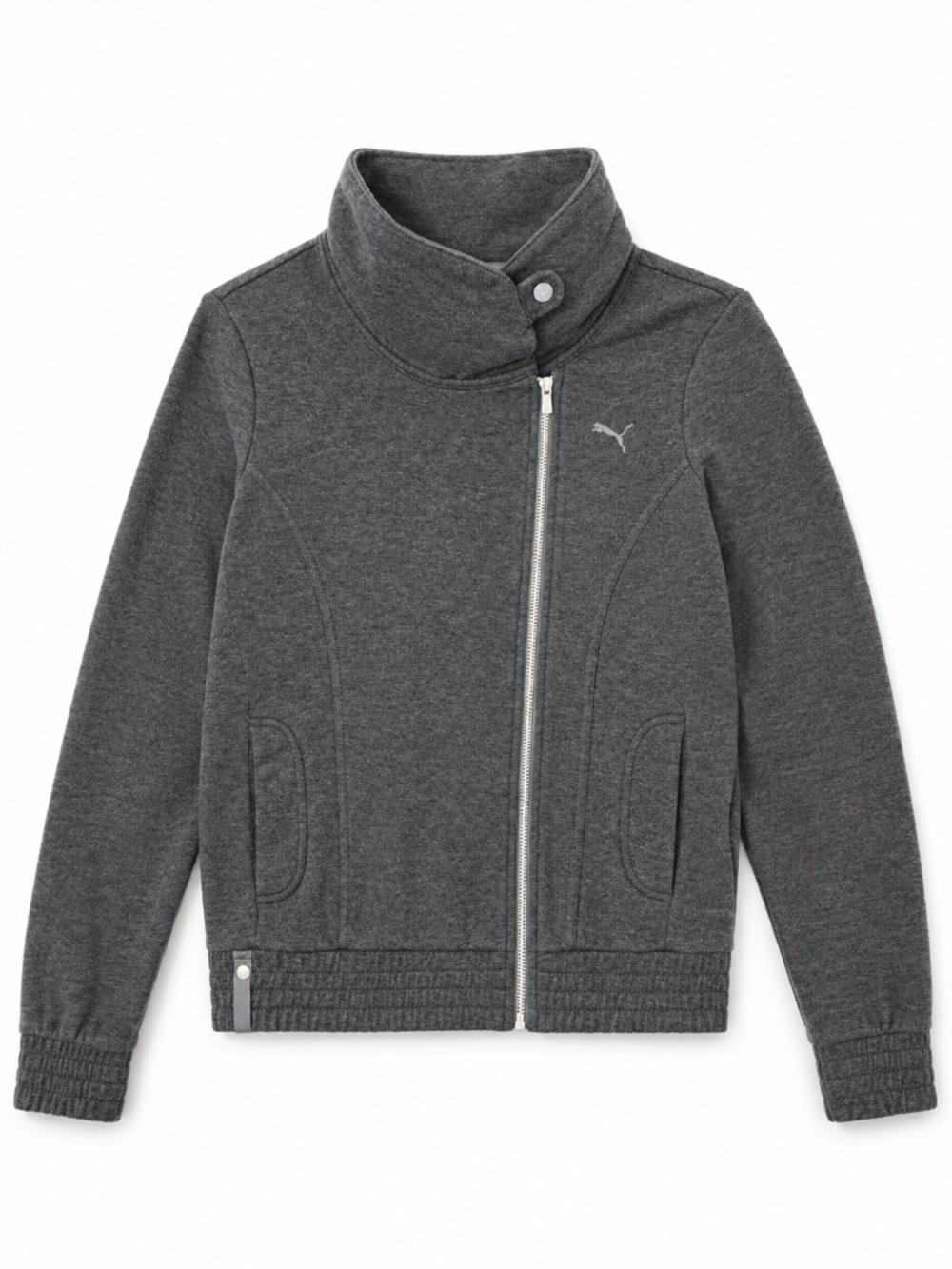 Puma charcoal full zip bomber jacket M smocked waist/cuff funnel neck logo sport